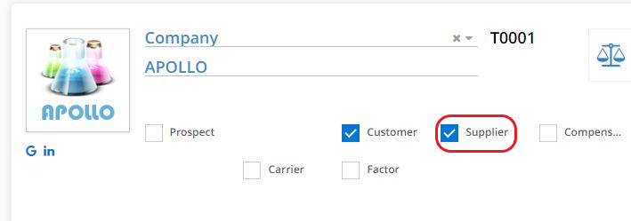 1.1 Open a partner file. Check the Supplier box to convert a third party file into a supplier file. Once this box has been ticked, the Supplier tab with information related to the supplier activity will appear.